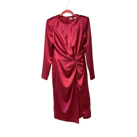 New Ieena Mac Duggal Magenta Side Twist Long Sleeve Satin Sheath Dress Size 6 - Picture 5 of 11
